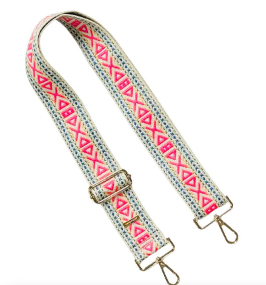 Premium Boho Embroidered Guitar Bag Strap - Hot Pink Turquoise Triangle