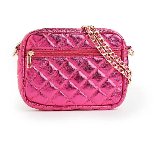 Quilted Small Crossbody Bag with Gold Chain Strap - Hot Pink Metallic