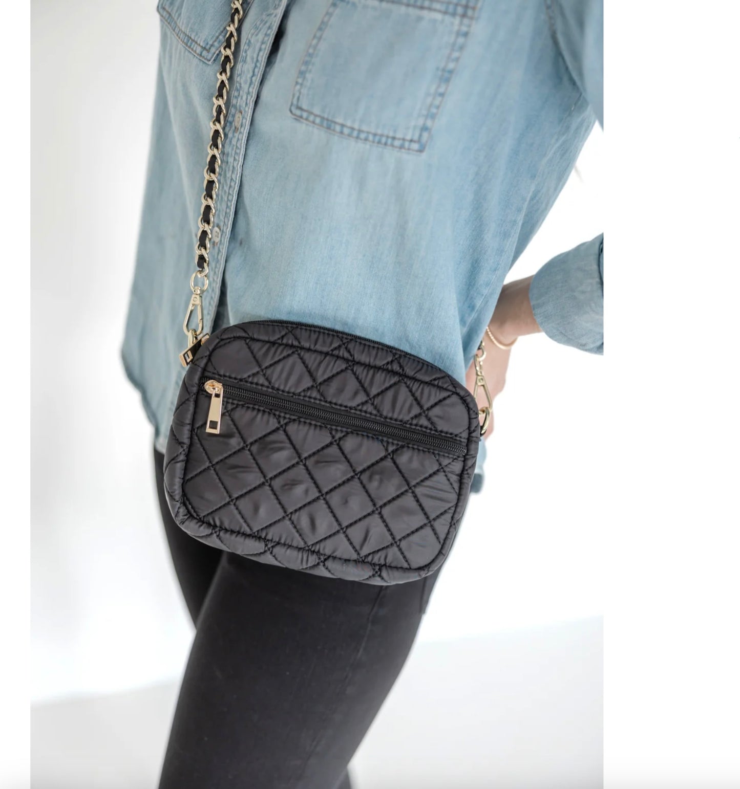 Quilted Small Crossbody Bag with Gold Chain Strap - Matte Black