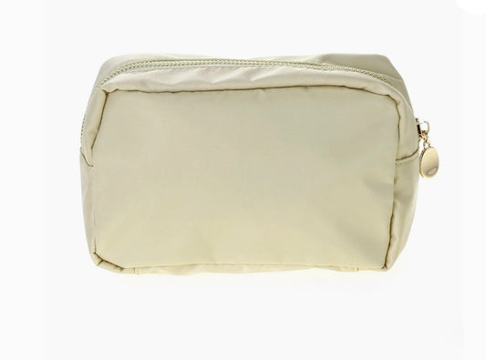 Round Zippered Nylon Cosmetic Pouch Bag - Beige