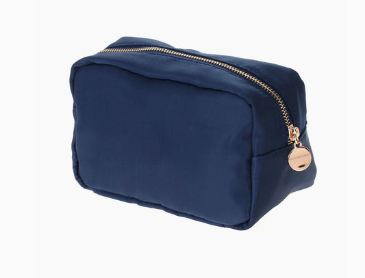 Round Zippered Nylon Cosmetic Pouch Bag - Navy